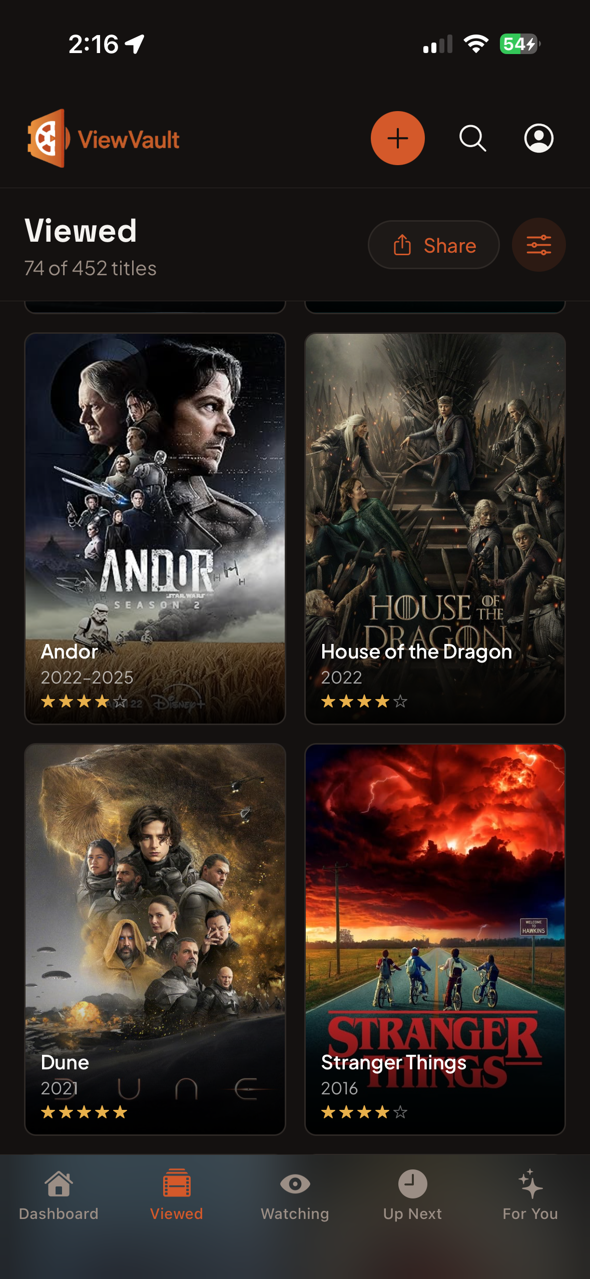 ViewVault showing a grid of watched films and series
